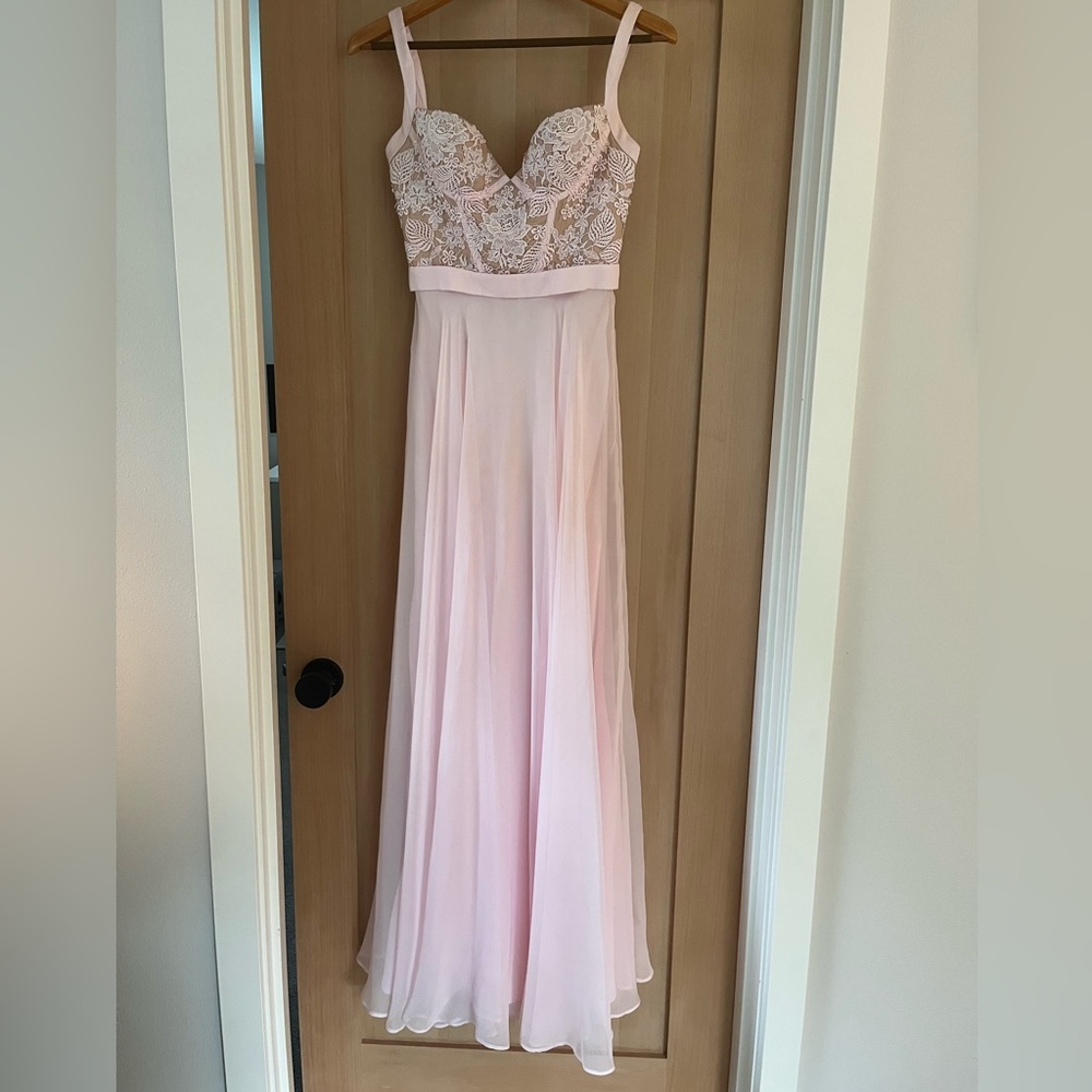 Soft Pink floor length dress w/ lace/corset design. Brand is La Femme, size 2.